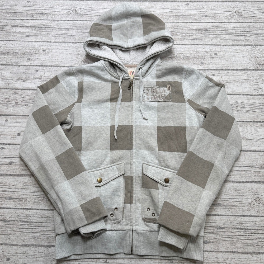 Y2K Billabong Jacket Women's Large Gray Plaid Sherpa Hooded Quilted Lined Skater